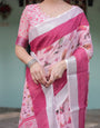 Soft Pink and Magenta Floral & Foliage Print Cotton Linen Saree with Blouse and Tassel Finish