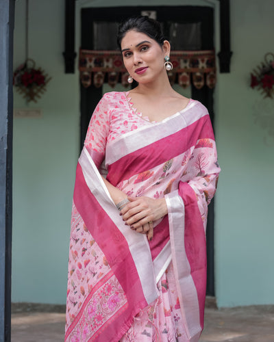 Soft Pink and Magenta Floral & Foliage Print Cotton Linen Saree with Blouse and Tassel Finish