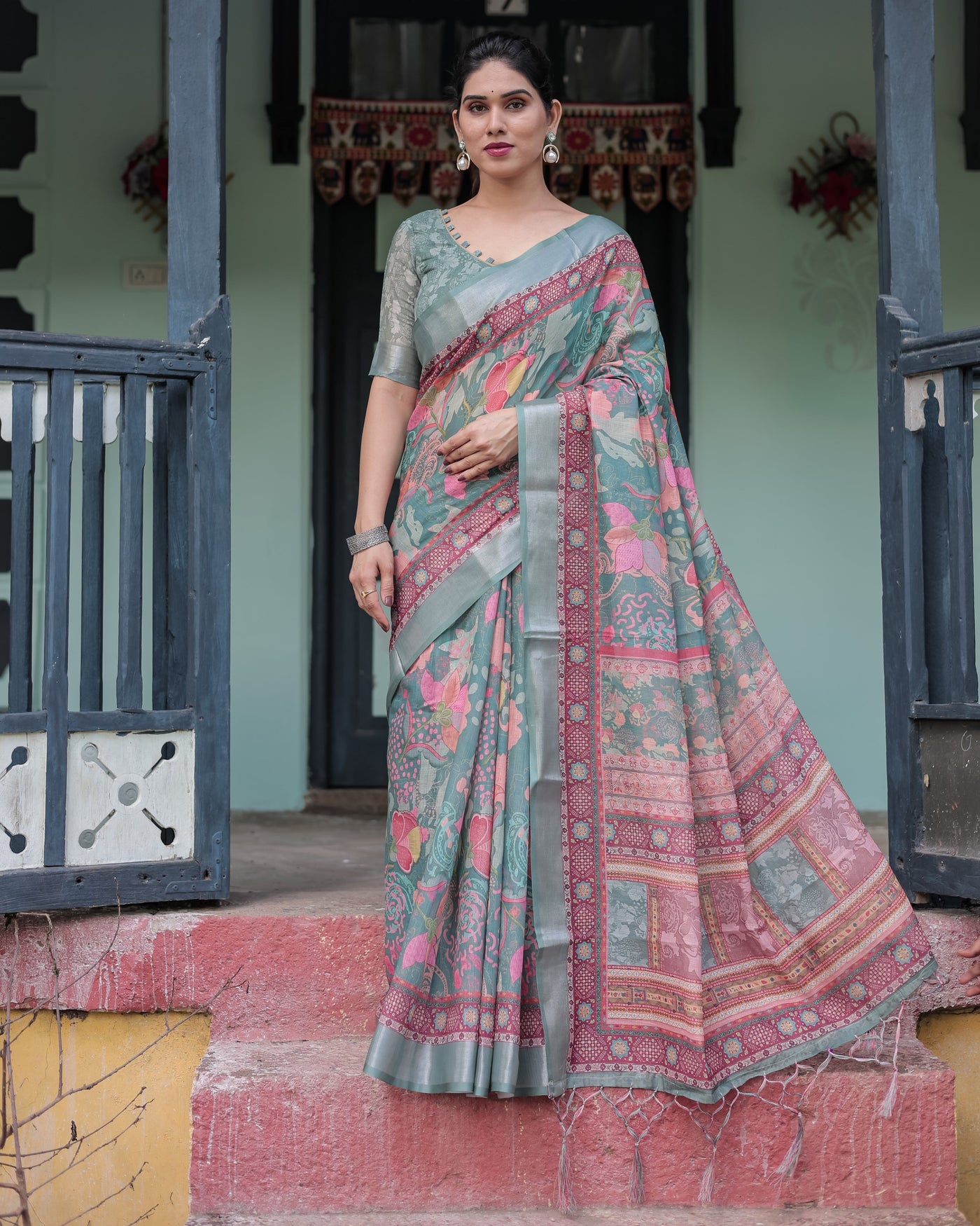 Pink and Maroon Pure Cotton Linen Saree with Blouse and Tassels - Floral Design with Leaf Patterns