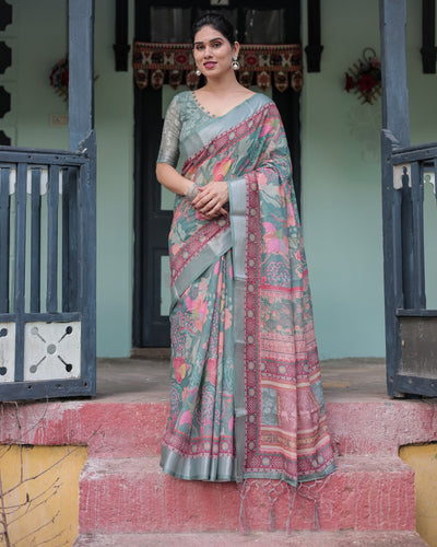 Pink and Maroon Pure Cotton Linen Saree with Blouse and Tassels - Floral Design with Leaf Patterns