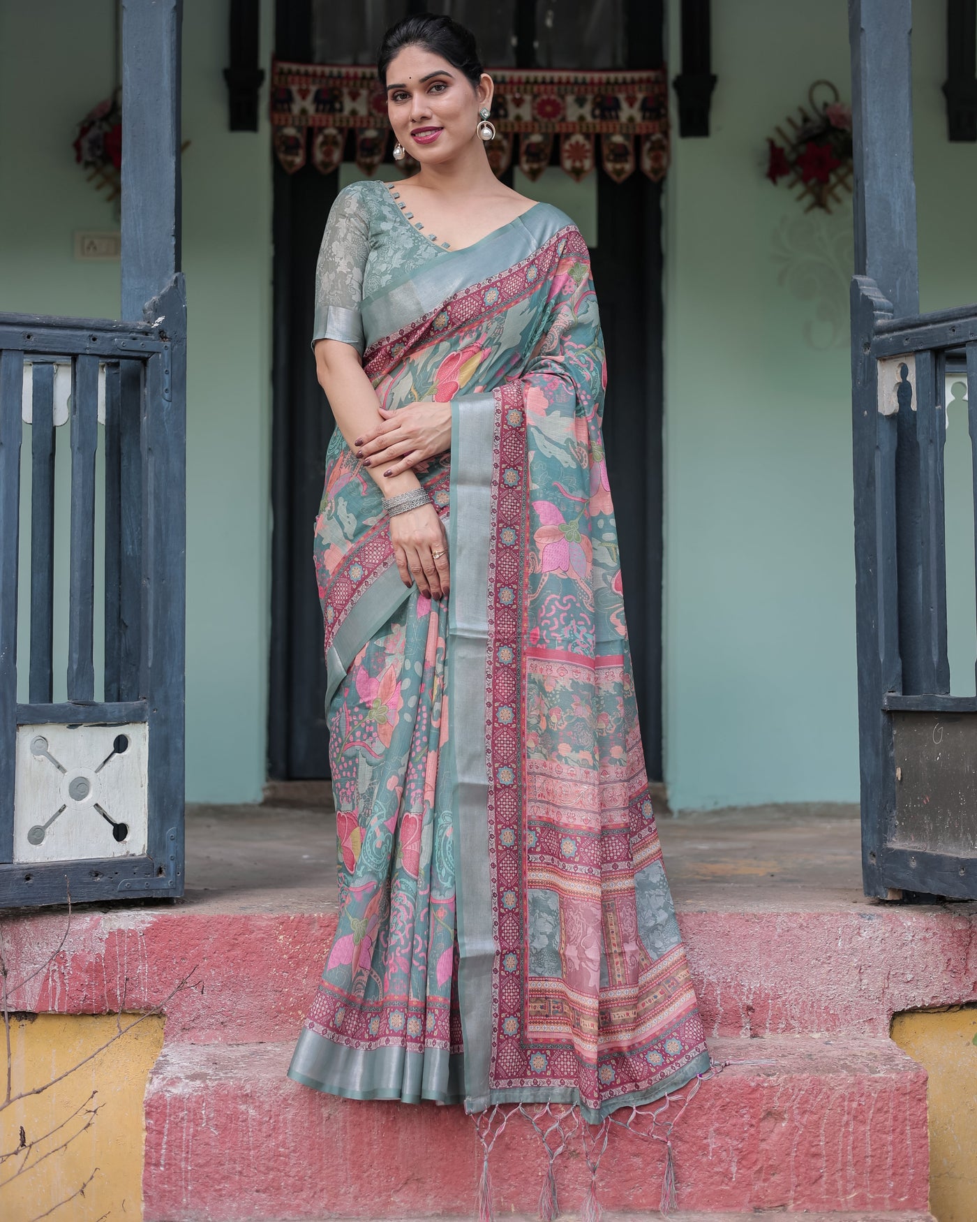 Pink and Maroon Pure Cotton Linen Saree with Blouse and Tassels - Floral Design with Leaf Patterns