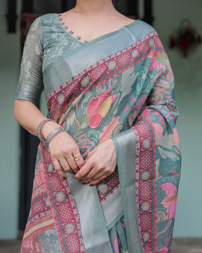 Pink and Maroon Pure Cotton Linen Saree with Blouse and Tassels - Floral Design with Leaf Patterns