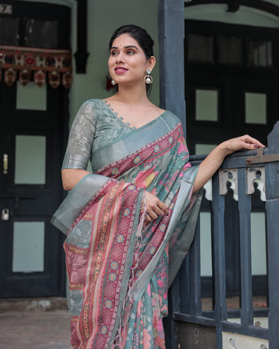 Pink and Maroon Pure Cotton Linen Saree with Blouse and Tassels - Floral Design with Leaf Patterns