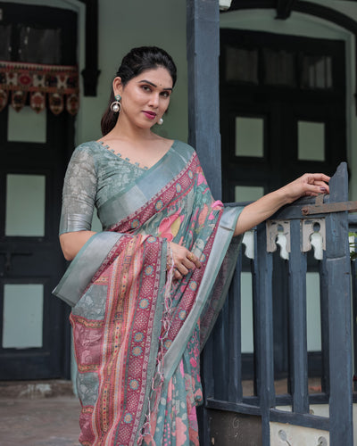 Pink and Maroon Pure Cotton Linen Saree with Blouse and Tassels - Floral Design with Leaf Patterns