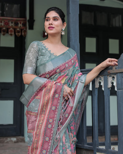 Pink and Maroon Pure Cotton Linen Saree with Blouse and Tassels - Floral Design with Leaf Patterns