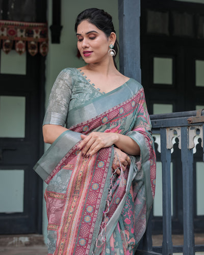 Pink and Maroon Pure Cotton Linen Saree with Blouse and Tassels - Floral Design with Leaf Patterns