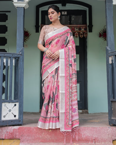 Elegant Pink and White Pure Cotton Linen Saree with Floral and Foliage Prints, Contrast Border, and Tassels