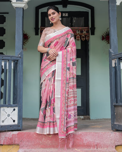 Elegant Pink and White Pure Cotton Linen Saree with Floral and Foliage Prints, Contrast Border, and Tassels