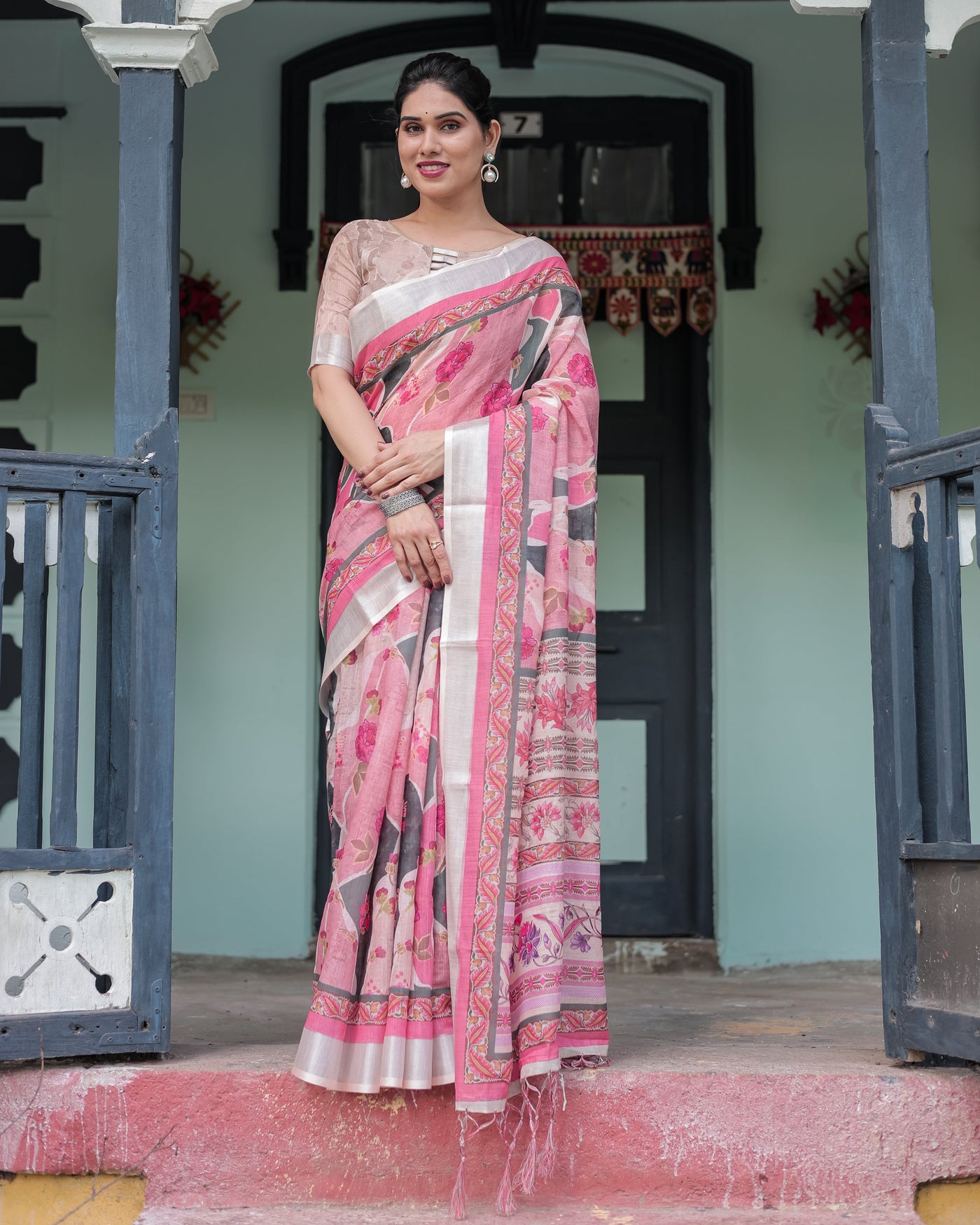 Elegant Pink and White Pure Cotton Linen Saree with Floral and Foliage Prints, Contrast Border, and Tassels