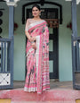 Elegant Pink and White Pure Cotton Linen Saree with Floral and Foliage Prints, Contrast Border, and Tassels