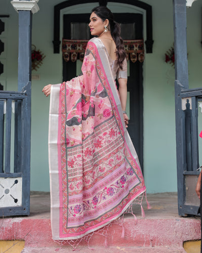 Elegant Pink and White Pure Cotton Linen Saree with Floral and Foliage Prints, Contrast Border, and Tassels