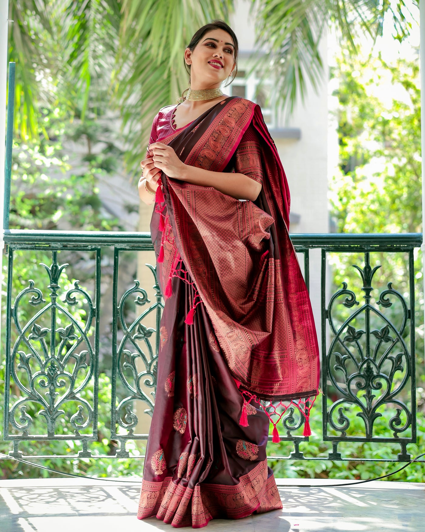 Red Pure Gaji Silk Saree Weaved With  Zari Comes With Tassels