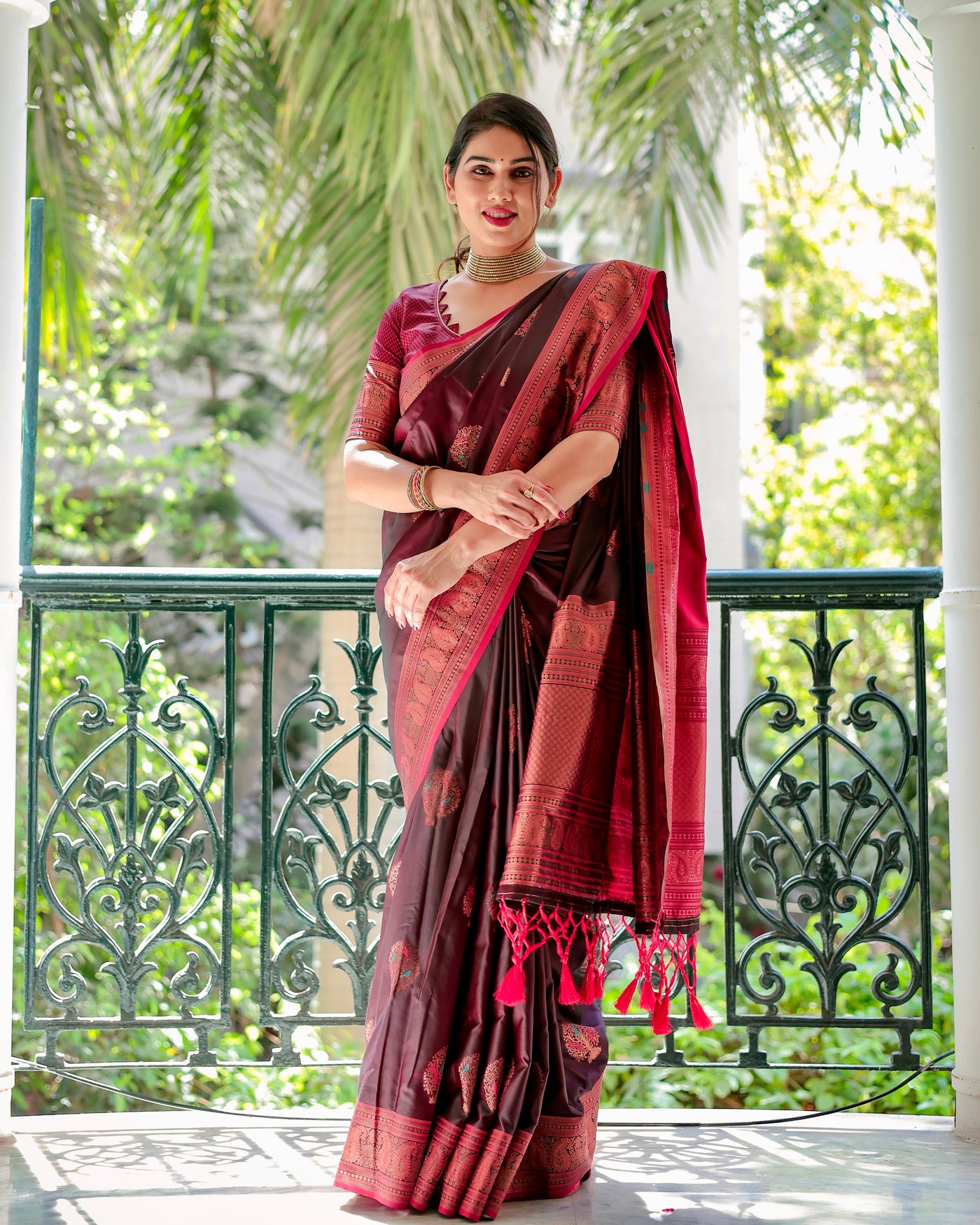 Red Pure Gaji Silk Saree Weaved With  Zari Comes With Tassels