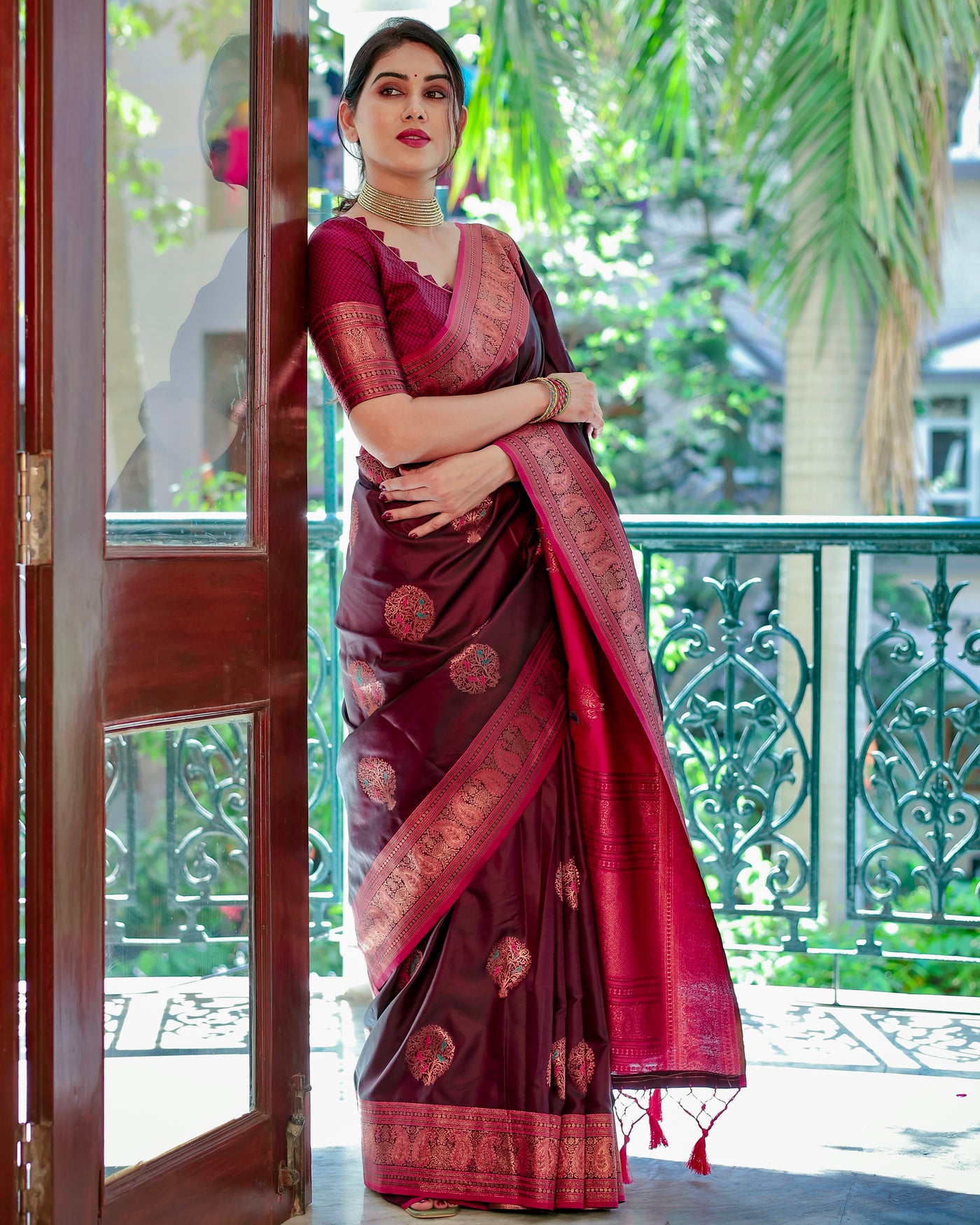Red Pure Gaji Silk Saree Weaved With  Zari Comes With Tassels