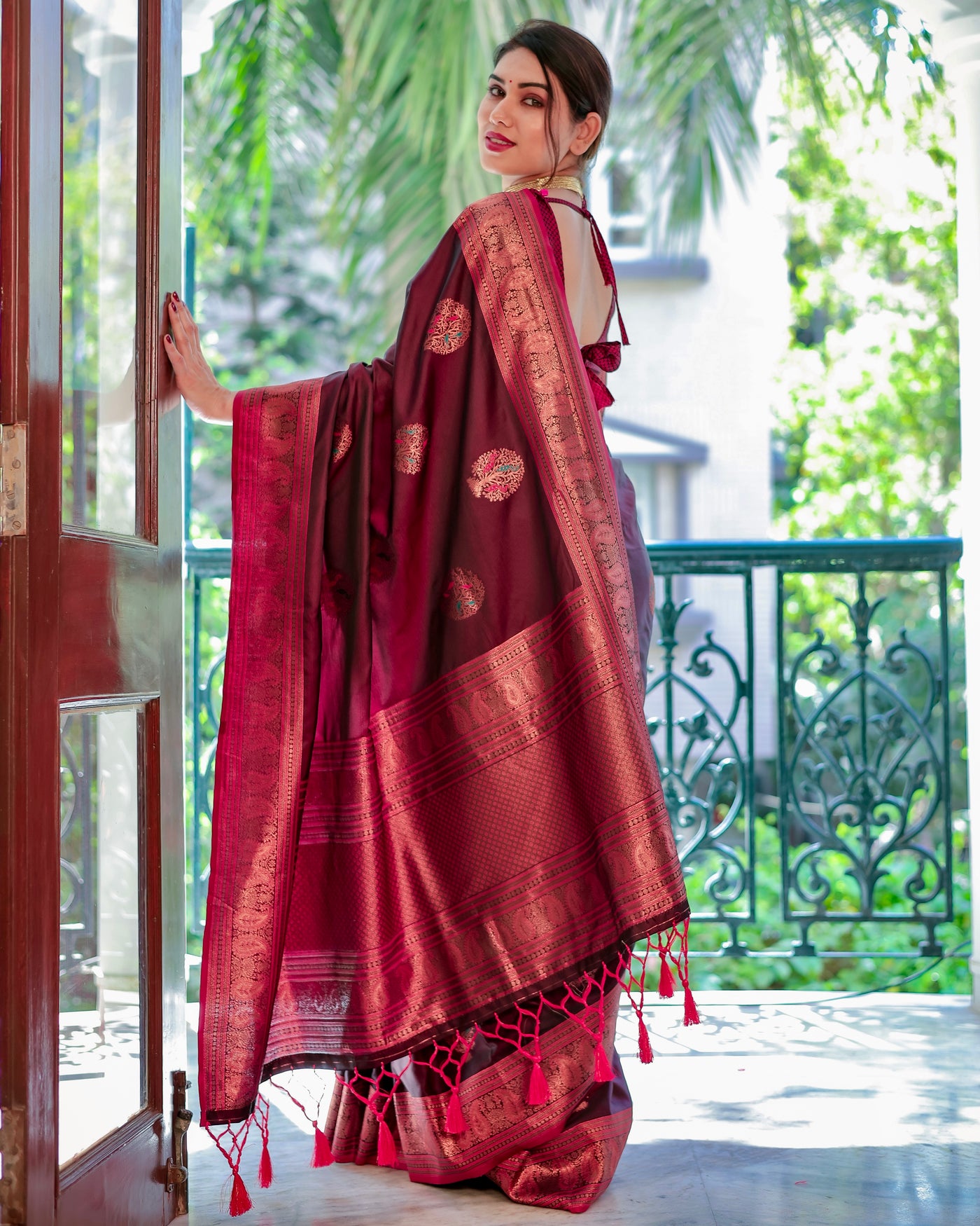 Red Pure Gaji Silk Saree Weaved With  Zari Comes With Tassels