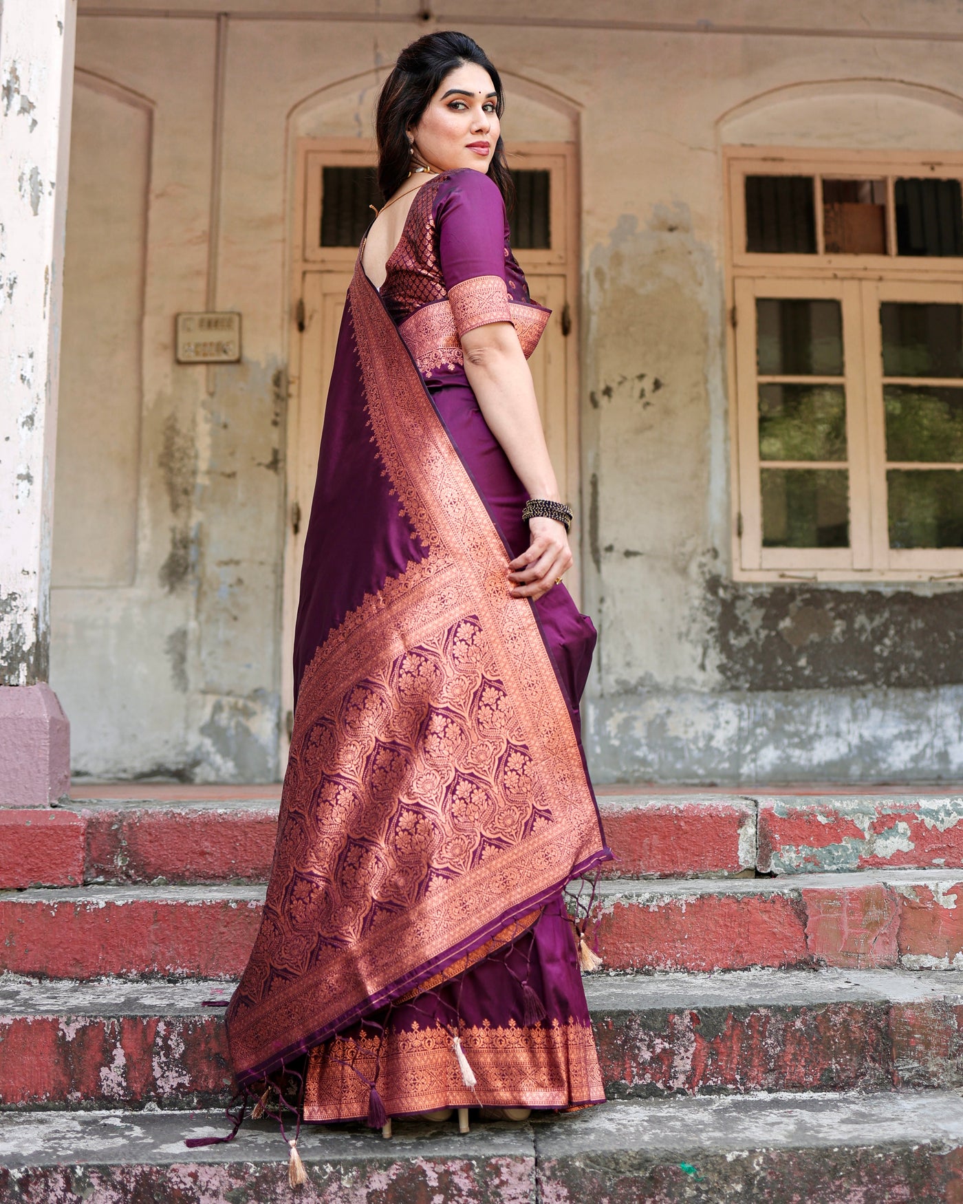 Sumptuous Wine Pure Kanjivaram Silk Saree With Attractive Blouse Piece