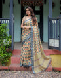 Beige and Charcoal Pure Cotton Linen Saree with Floral Print, Blouse, and Tassel Detailing