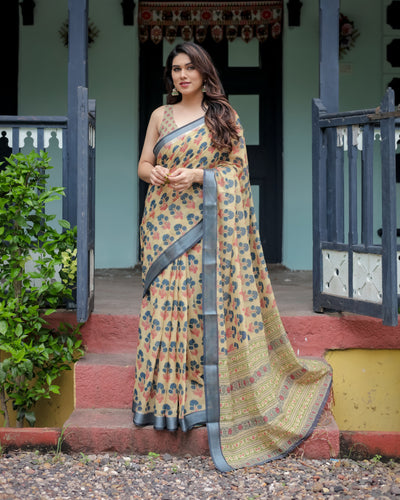 Beige and Charcoal Pure Cotton Linen Saree with Floral Print, Blouse, and Tassel Detailing