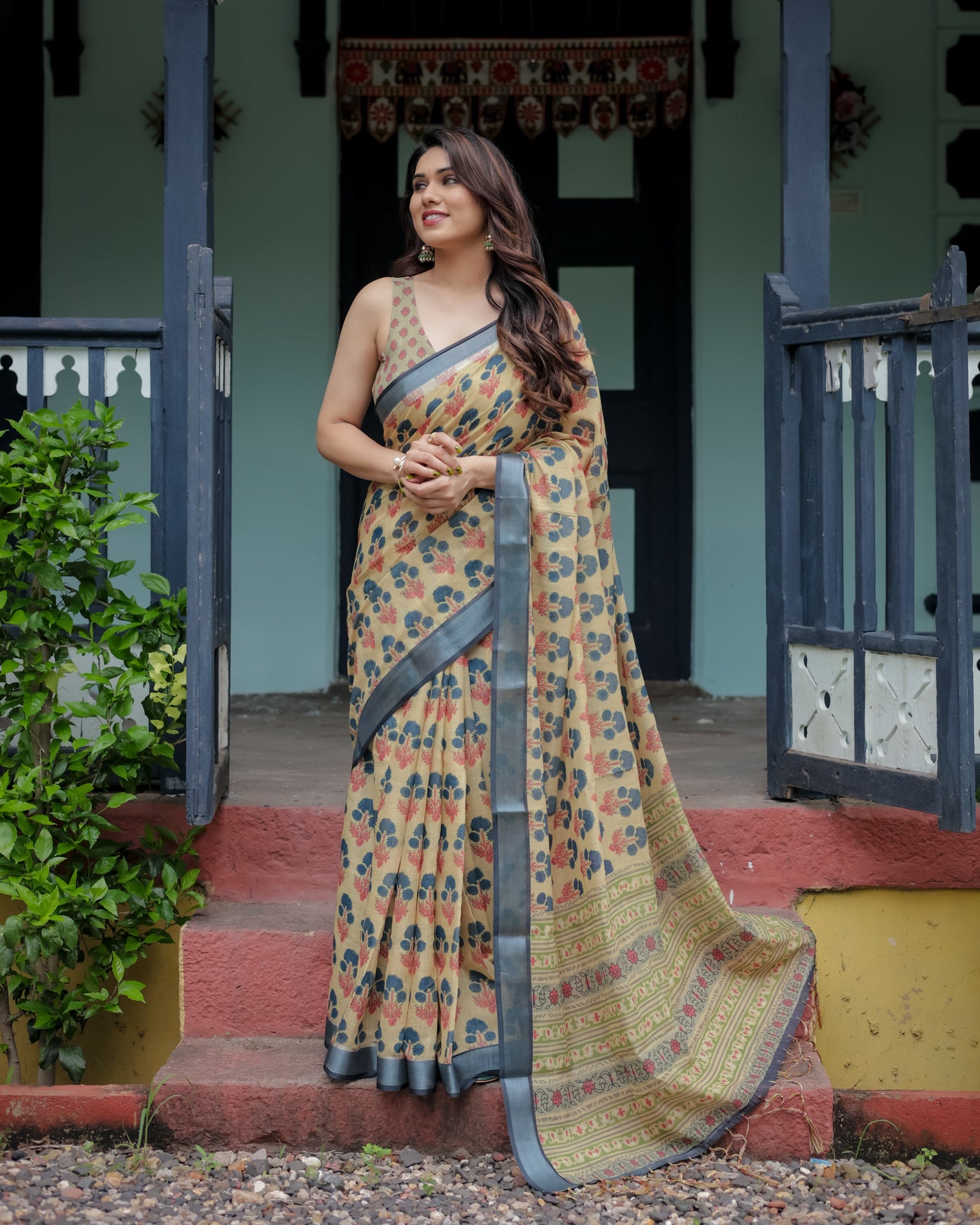 Beige and Charcoal Pure Cotton Linen Saree with Floral Print, Blouse, and Tassel Detailing