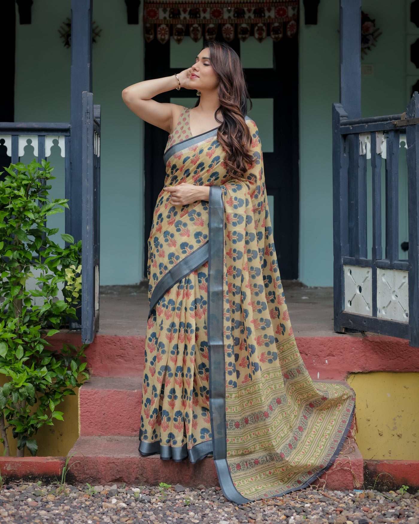 Beige and Charcoal Pure Cotton Linen Saree with Floral Print, Blouse, and Tassel Detailing