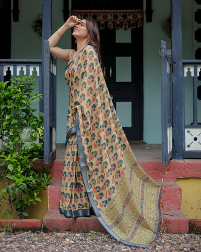 Beige and Charcoal Pure Cotton Linen Saree with Floral Print, Blouse, and Tassel Detailing