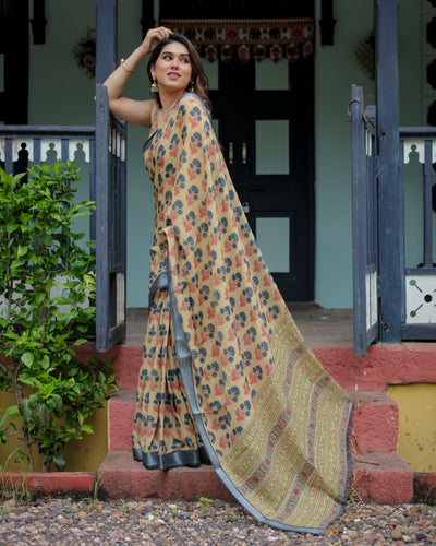 Beige and Charcoal Pure Cotton Linen Saree with Floral Print, Blouse, and Tassel Detailing