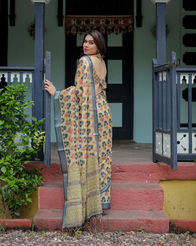 Beige and Charcoal Pure Cotton Linen Saree with Floral Print, Blouse, and Tassel Detailing