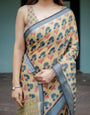 Beige and Charcoal Pure Cotton Linen Saree with Floral Print, Blouse, and Tassel Detailing