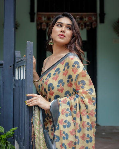 Beige and Charcoal Pure Cotton Linen Saree with Floral Print, Blouse, and Tassel Detailing