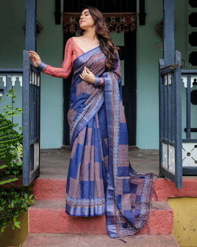 Navy Blue & Red Pure Cotton Linen Saree with Blouse and Tassels on Edges