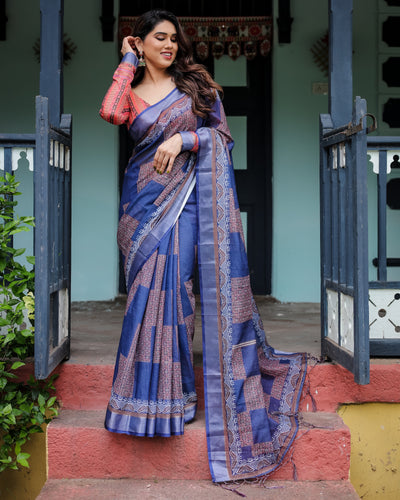 Navy Blue & Red Pure Cotton Linen Saree with Blouse and Tassels on Edges