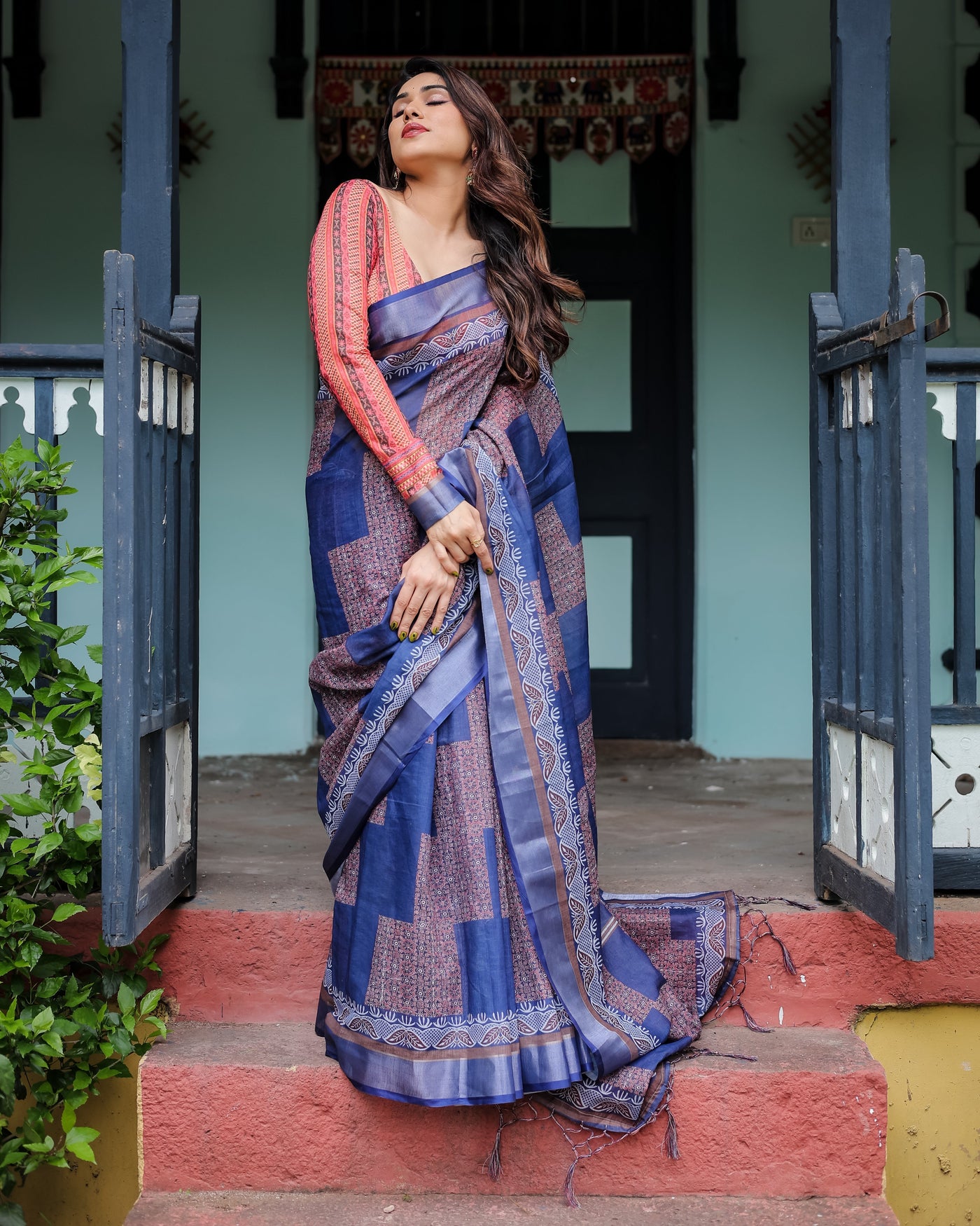 Navy Blue & Red Pure Cotton Linen Saree with Blouse and Tassels on Edges