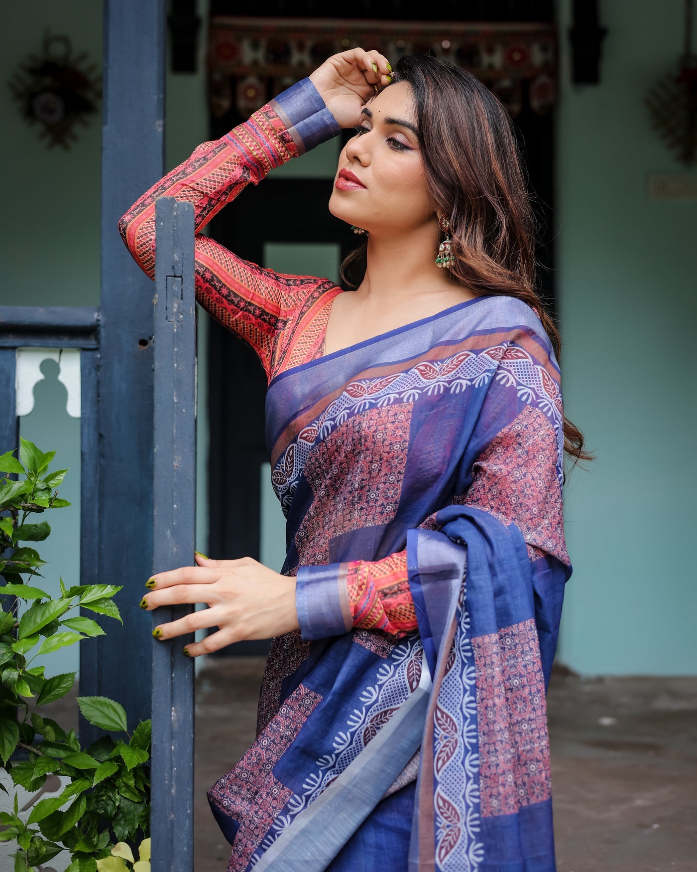 Navy Blue & Red Pure Cotton Linen Saree with Blouse and Tassels on Edges