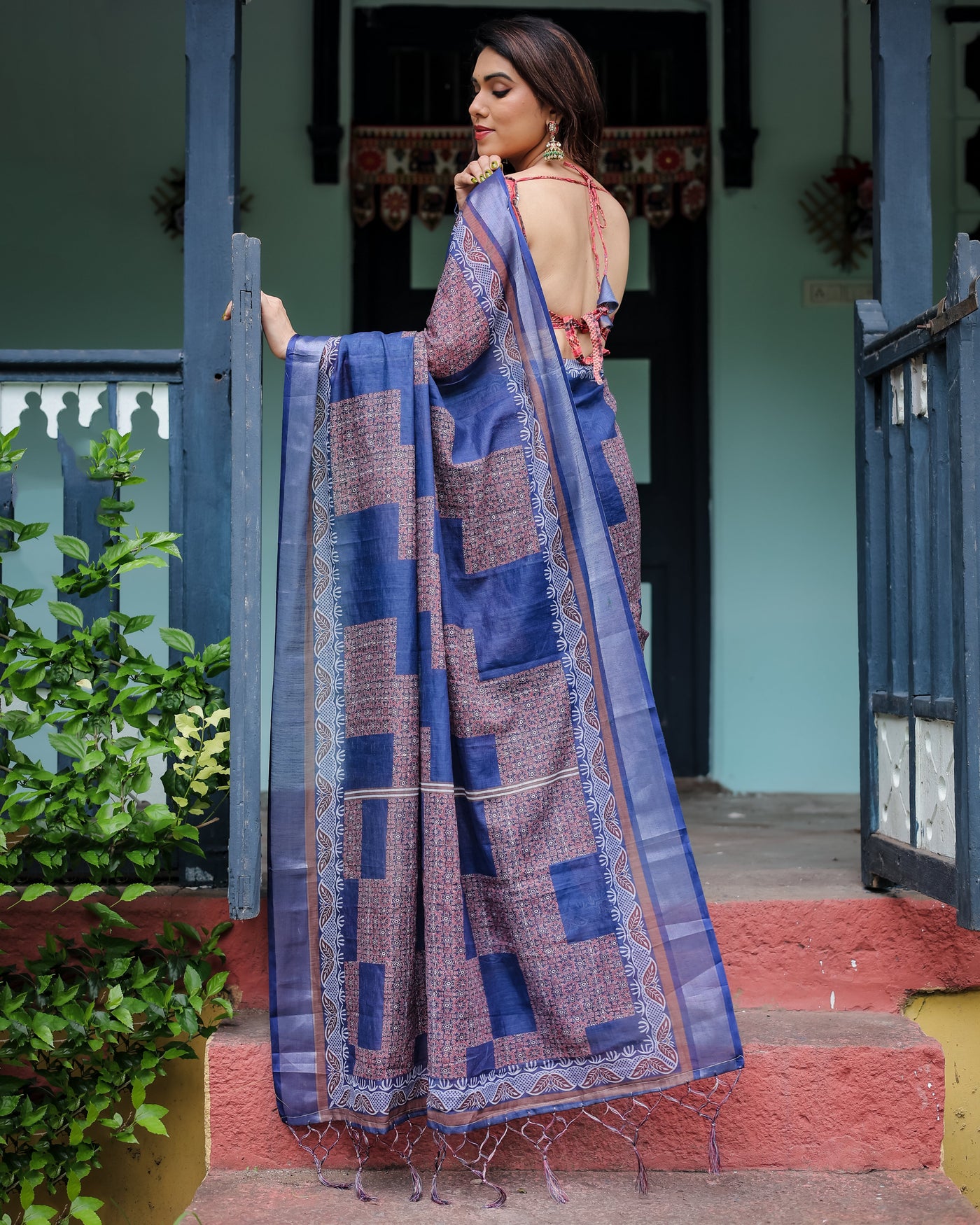 Navy Blue & Red Pure Cotton Linen Saree with Blouse and Tassels on Edges