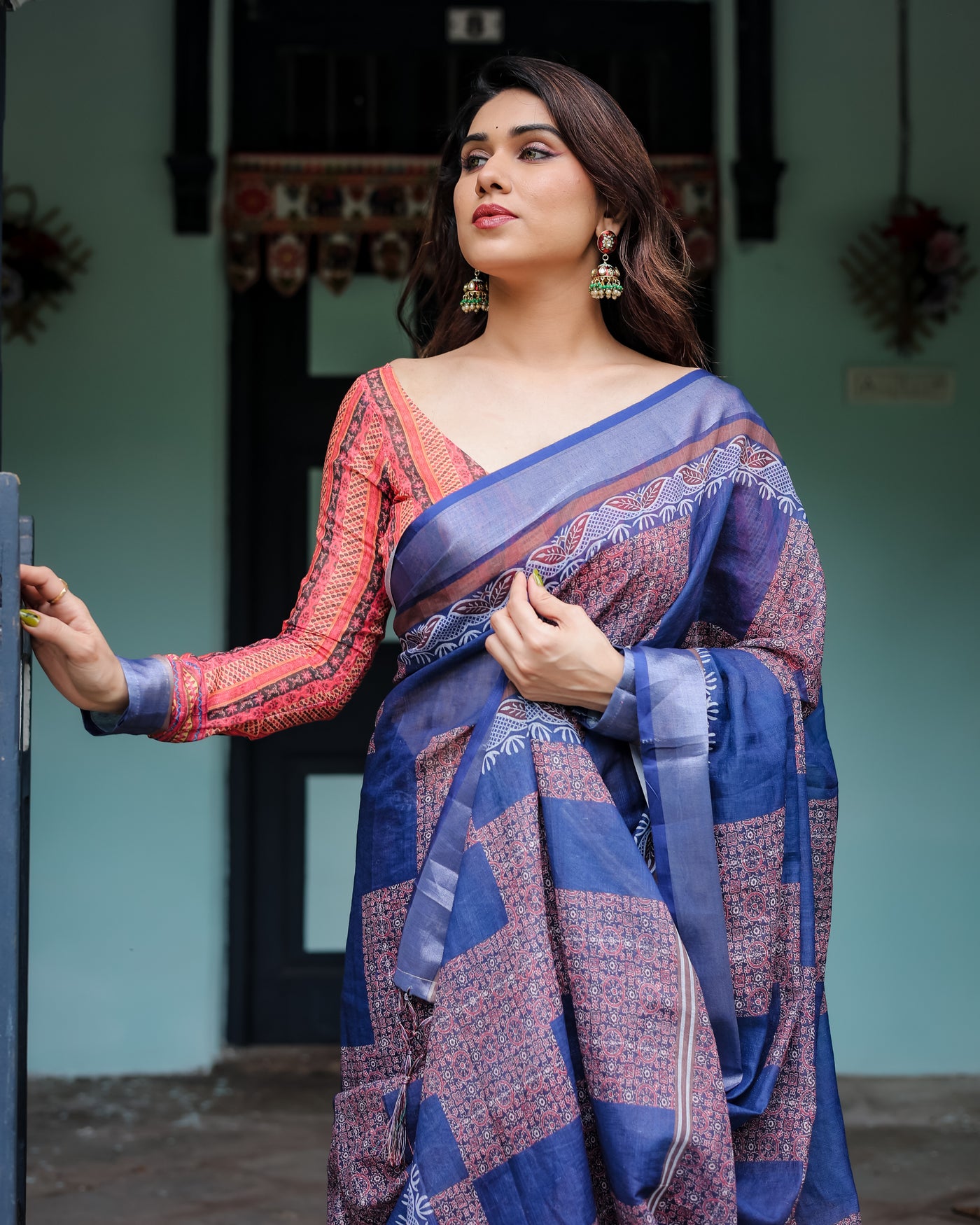 Navy Blue & Red Pure Cotton Linen Saree with Blouse and Tassels on Edges