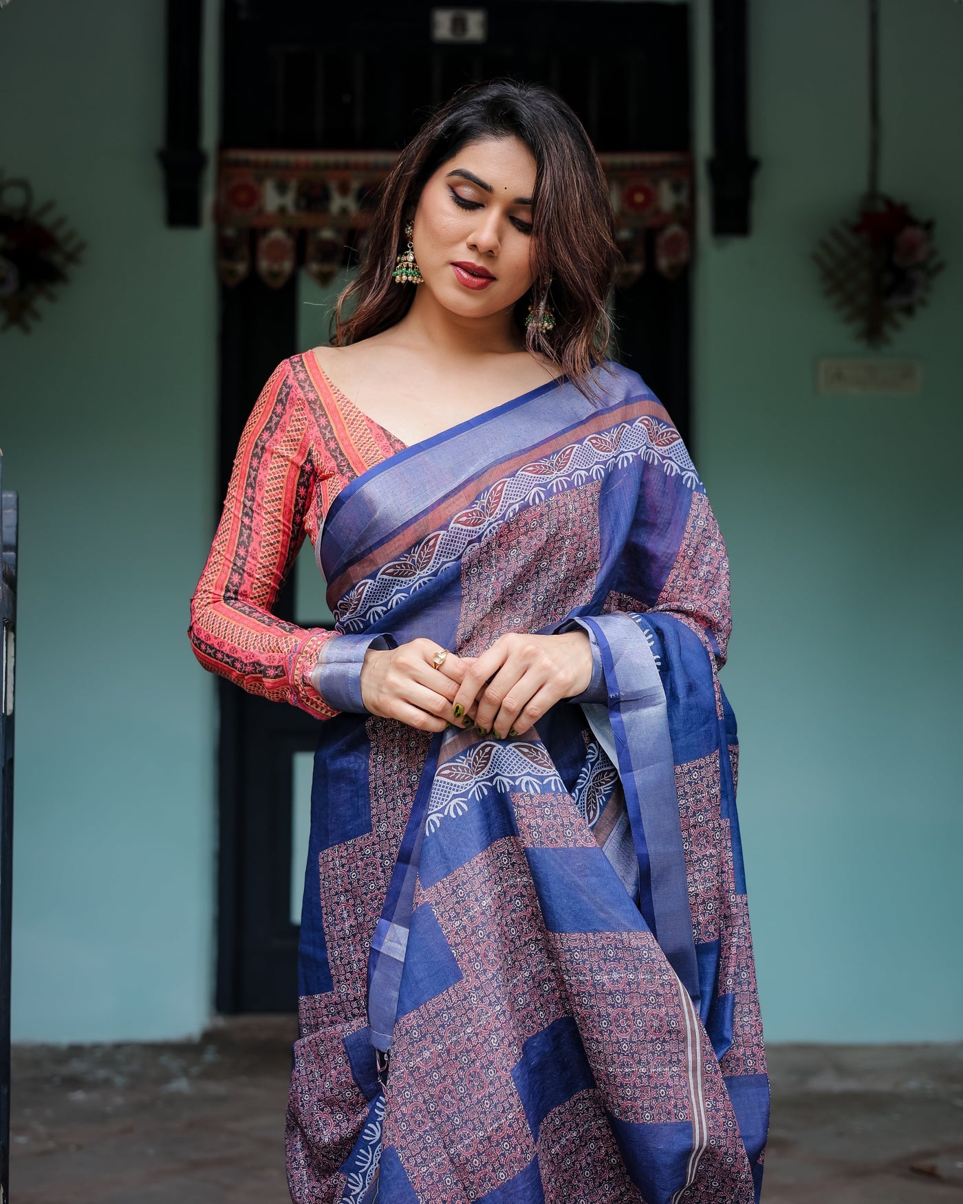 Navy Blue & Red Pure Cotton Linen Saree with Blouse and Tassels on Edges