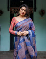 Navy Blue & Red Pure Cotton Linen Saree with Blouse and Tassels on Edges