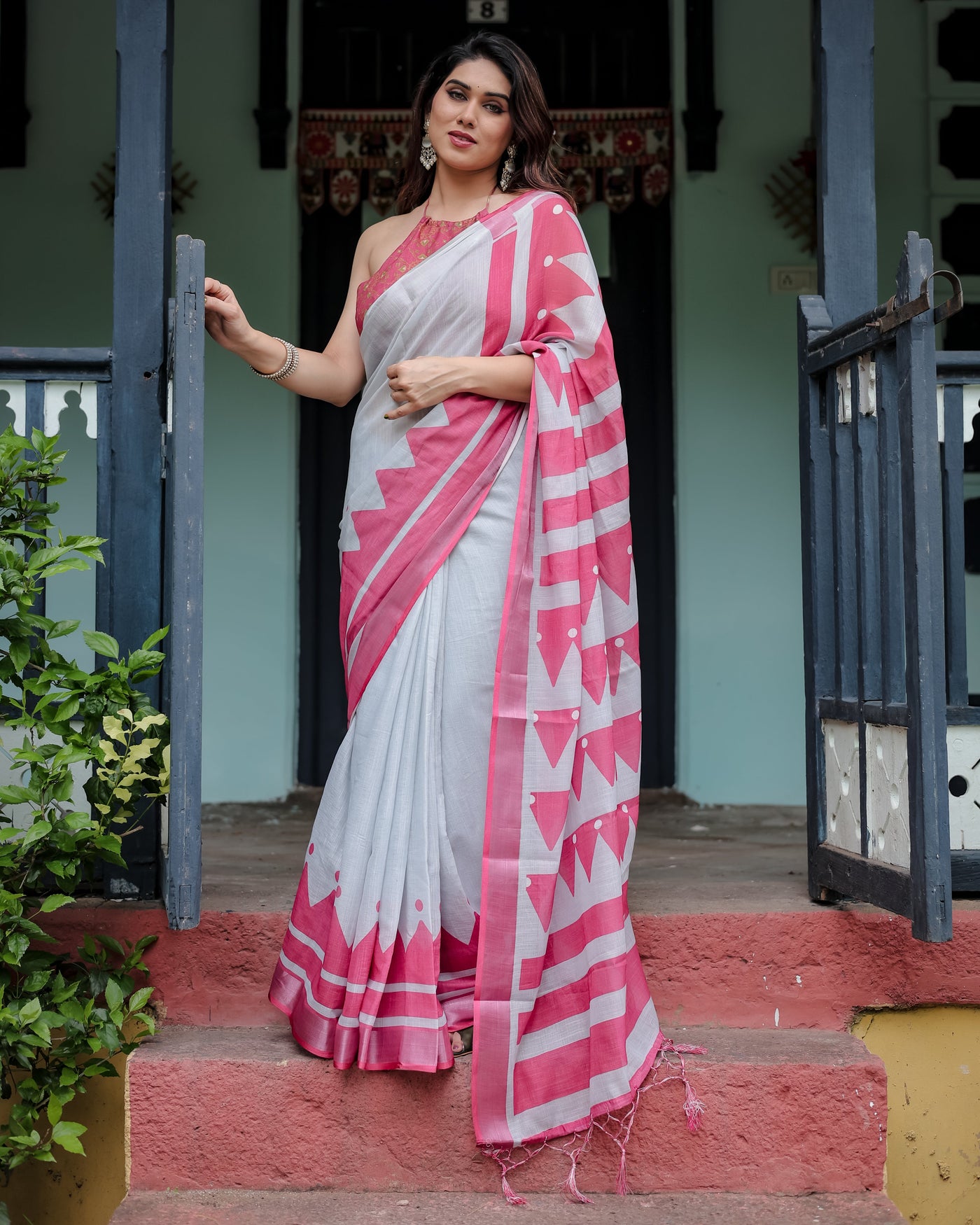 White and Pink Pure Cotton Linen Saree with Geometric Stripes, Blouse, and Tassel Detailing