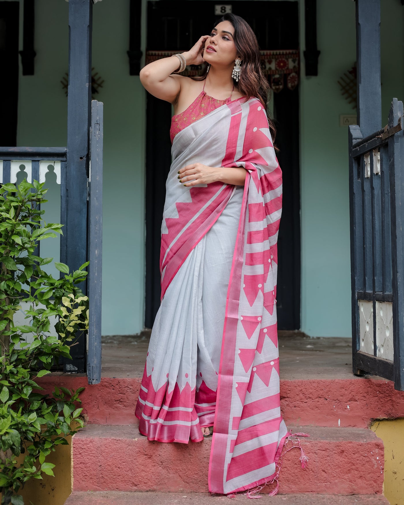 White and Pink Pure Cotton Linen Saree with Geometric Stripes, Blouse, and Tassel Detailing