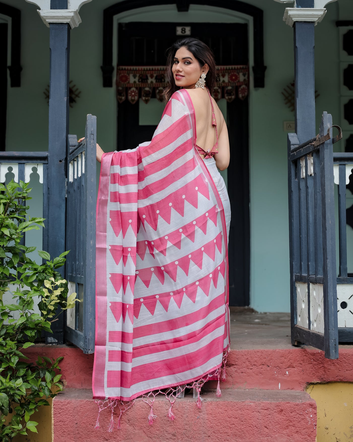 White and Pink Pure Cotton Linen Saree with Geometric Stripes, Blouse, and Tassel Detailing