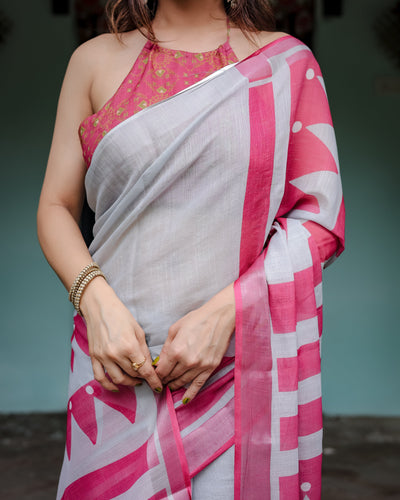 White and Pink Pure Cotton Linen Saree with Geometric Stripes, Blouse, and Tassel Detailing