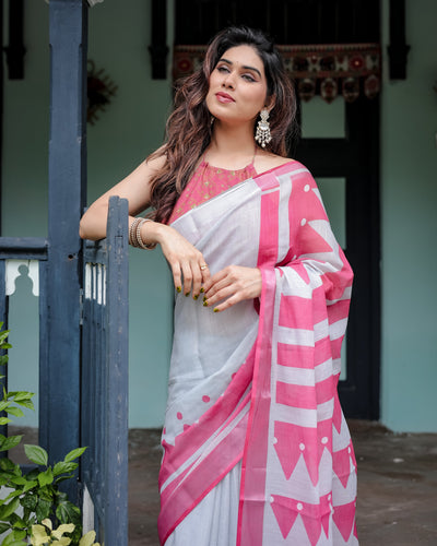 White and Pink Pure Cotton Linen Saree with Geometric Stripes, Blouse, and Tassel Detailing