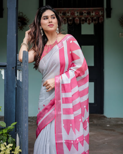 White and Pink Pure Cotton Linen Saree with Geometric Stripes, Blouse, and Tassel Detailing