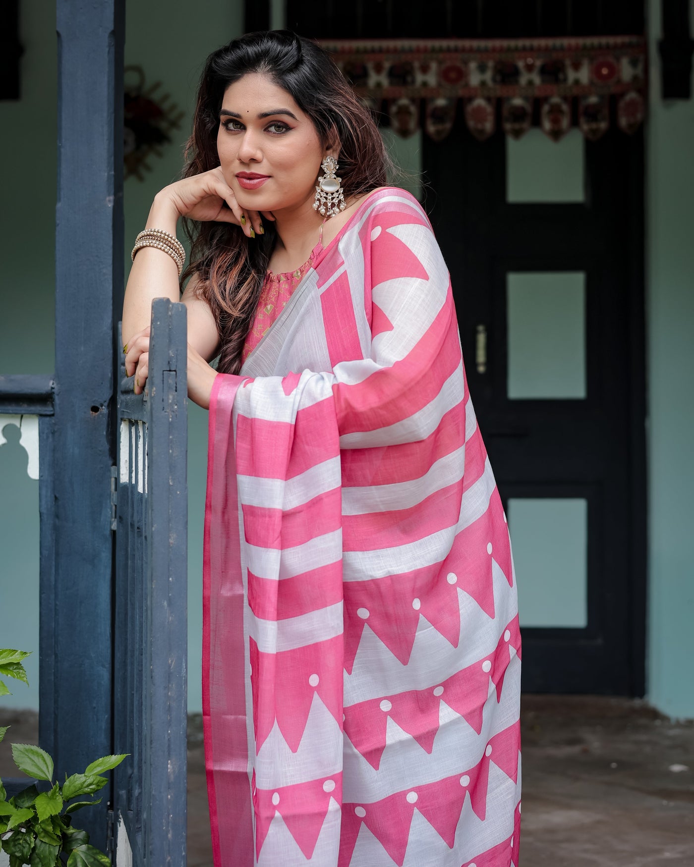 White and Pink Pure Cotton Linen Saree with Geometric Stripes, Blouse, and Tassel Detailing