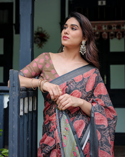 Charcoal Black Pure Cotton Linen Saree with Leafy Paisley Print, Blouse, and Tassel Detailing