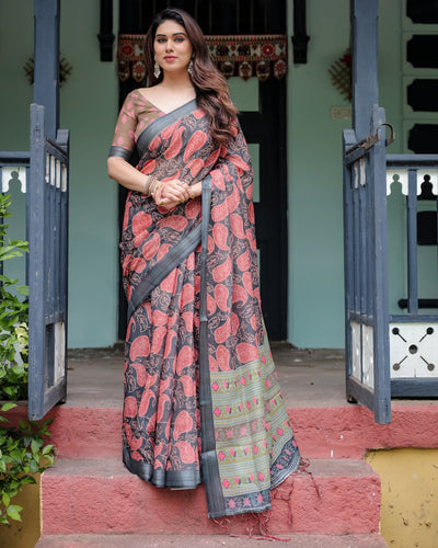 Charcoal Black Pure Cotton Linen Saree with Leafy Paisley Print, Blouse, and Tassel Detailing