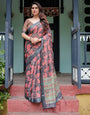 Charcoal Black Pure Cotton Linen Saree with Leafy Paisley Print, Blouse, and Tassel Detailing