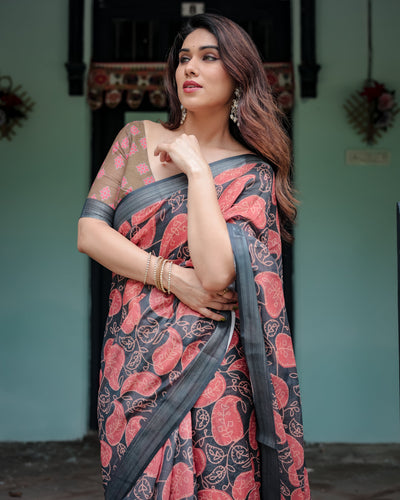 Charcoal Black Pure Cotton Linen Saree with Leafy Paisley Print, Blouse, and Tassel Detailing