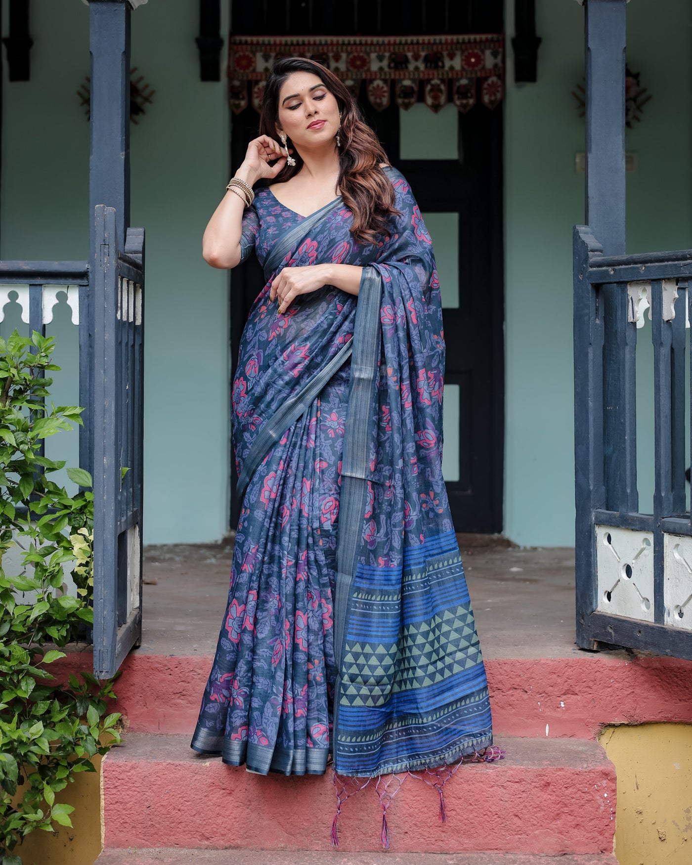 Navy Blue Pure Cotton Linen Saree with Floral Print, Blouse, and Tassel Detailing