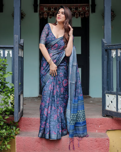 Navy Blue Pure Cotton Linen Saree with Floral Print, Blouse, and Tassel Detailing